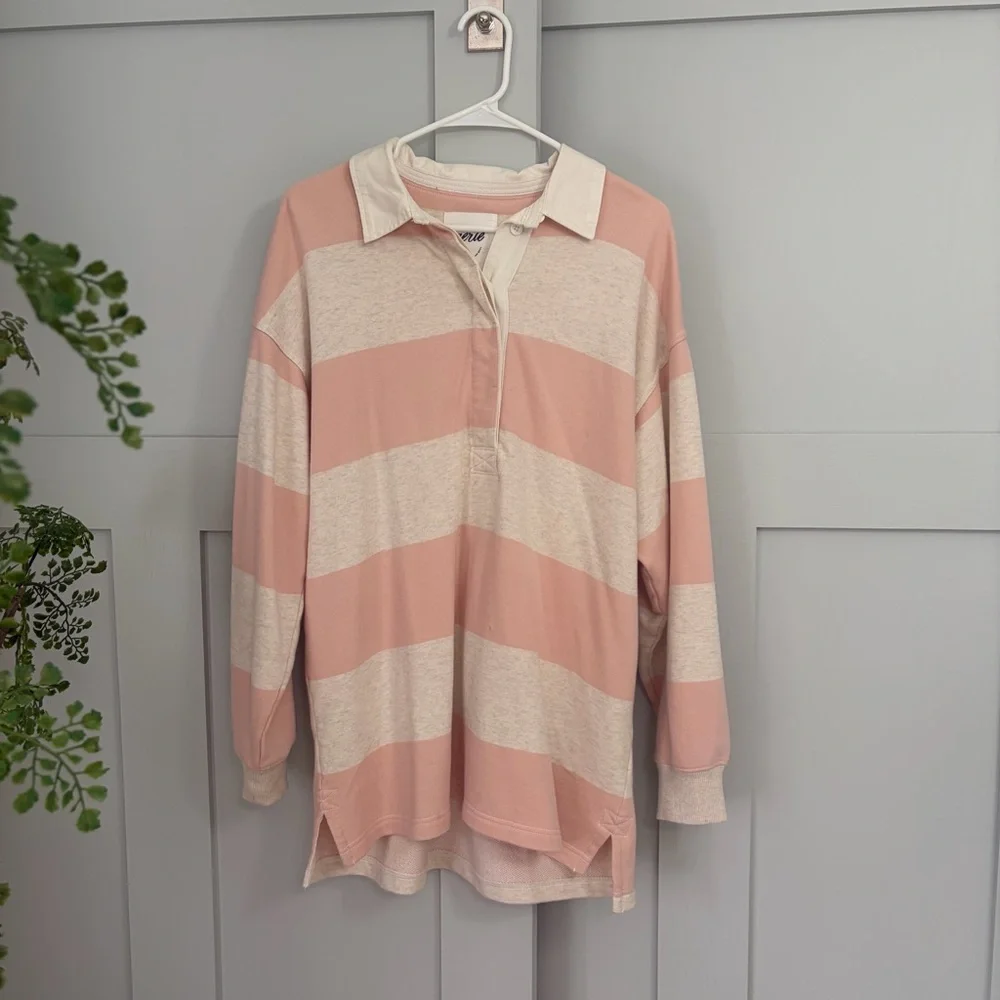 Aerie Pink & White Striped oversized polo Shirt - Picture 2 of 4